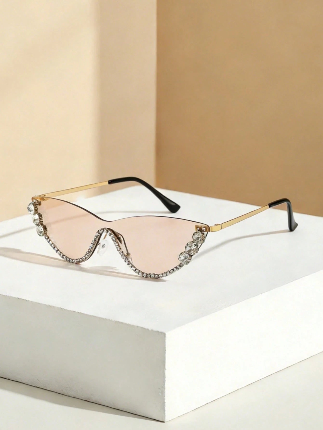 SHEIN AOOBCC . 1 Pair Metal Cat Eye Rhinestone Fashion Glasses , Color Champagne