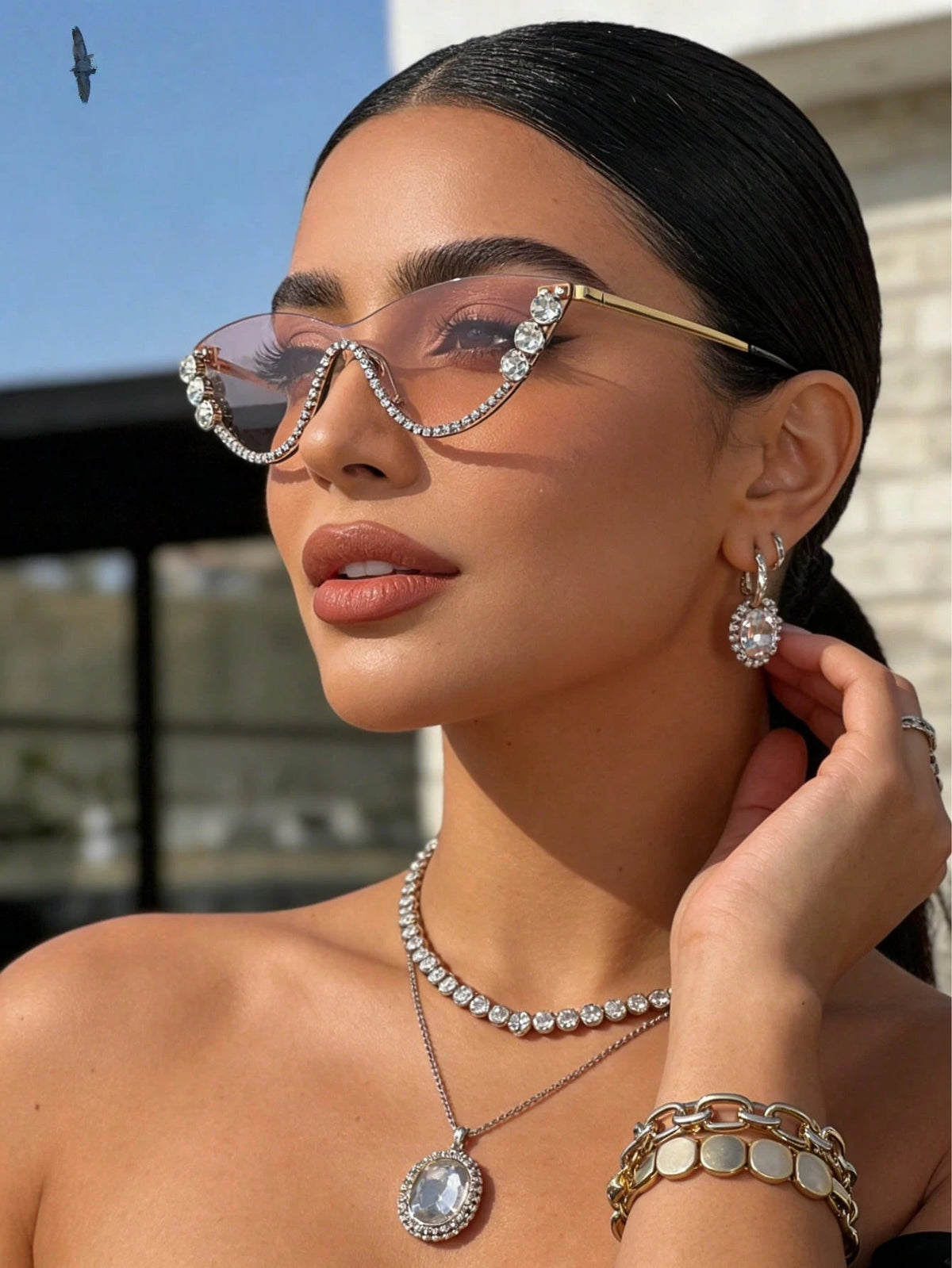 SHEIN AOOBCC . 1 Pair Metal Cat Eye Rhinestone Fashion Glasses , Color Champagne