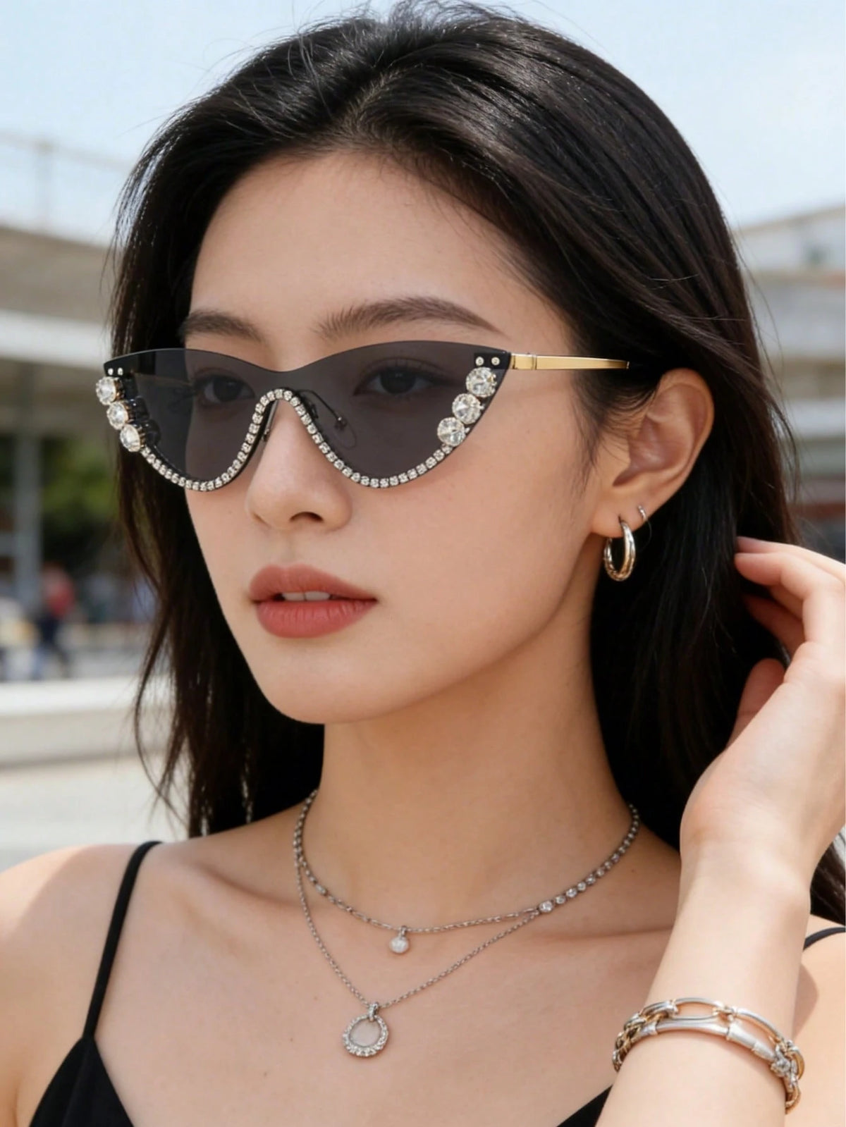 SHEIN AOOBCC . 1 Pair Metal Cat Eye Rhinestone Fashion Glasses , Color Grey