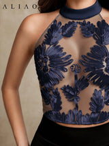 Aliao Floral Crochet Mesh Embroidered Elegant 3D Sheer Tank Top