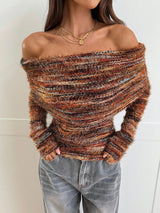 Aloruh Women's FallWinter Elegant Off Shoulder Ruched Fitted Long Sleeve Knit T-Shirt,Women Long Sleeve Top