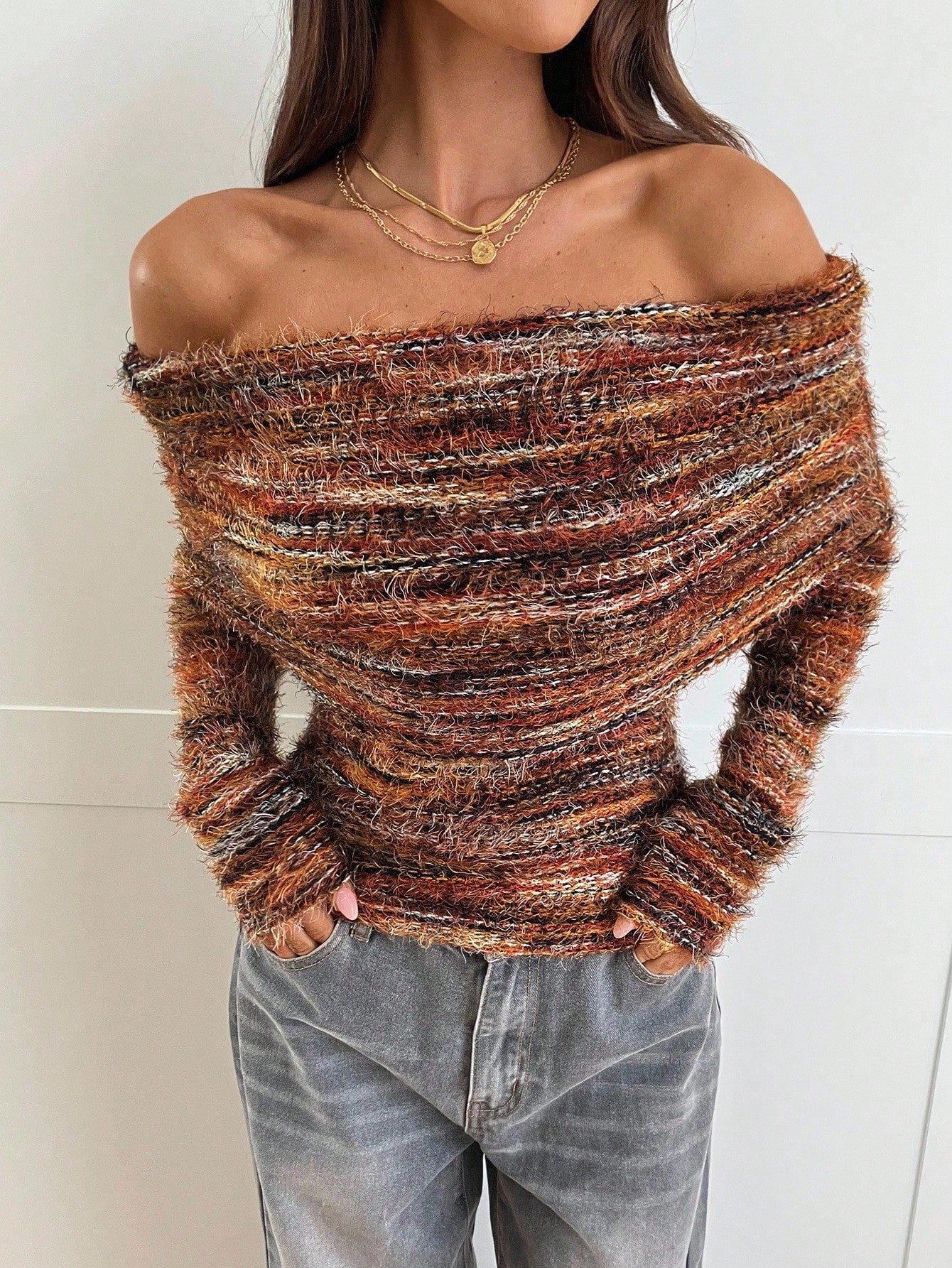 Aloruh Women's FallWinter Elegant Off Shoulder Ruched Fitted Long Sleeve Knit T-Shirt,Women Long Sleeve Top