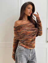 SHEIN Aloruh Women's FallWinter Elegant Off Shoulder Ruched Fitted Long Sleeve Knit T-Shirt,Women Long Sleeve Top