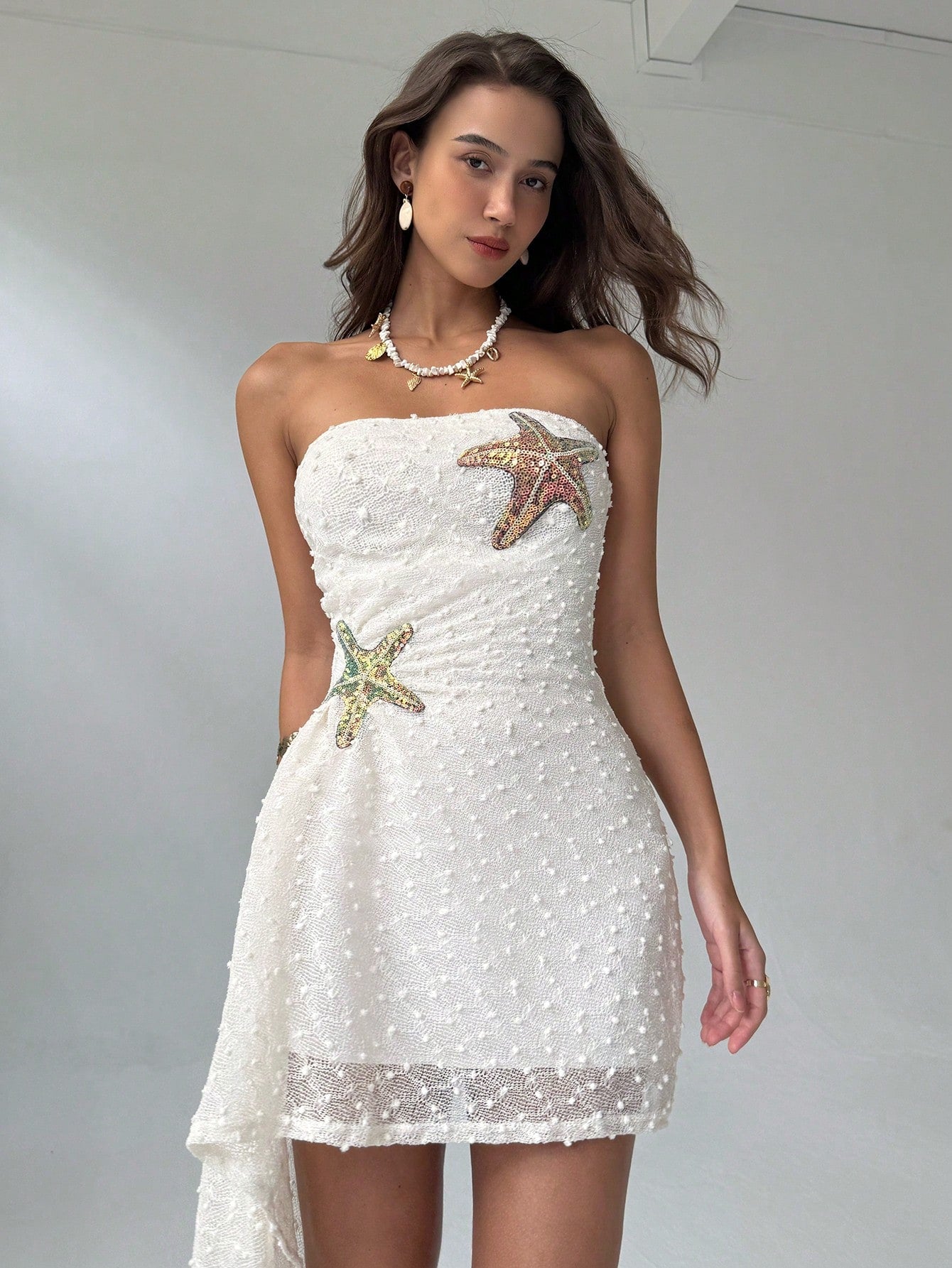 Aloruh Women's Starfish Sequin Print Ruched Bandeau Mini Dress