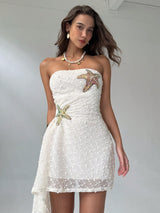 Aloruh Women's Starfish Sequin Print Ruched Bandeau Mini Dress