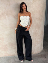 SHEIN Aloruh Women's Elegant Sexy Strapless White 3D Floral Embroidered Lace Blouse, High-Waisted Summer Top