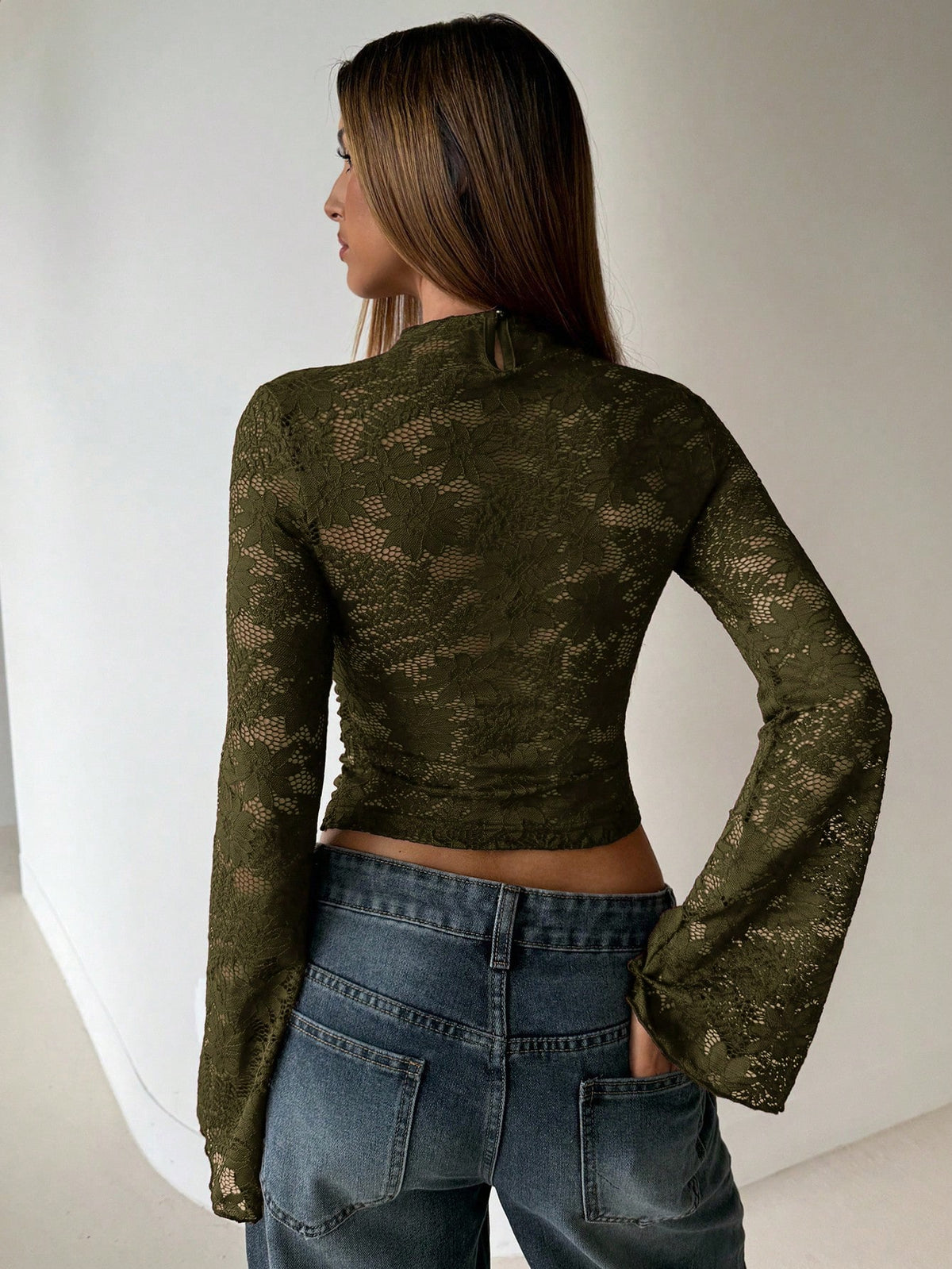 SHEIN Aloruh Women's Fashion Solid Color Contrast Lace Hollow-Out Flare Sleeve T-Shirt - view 3