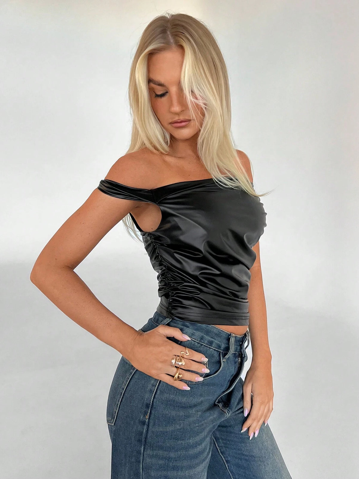 SHEIN Aloruh Women's Solid Color Off Shoulder Ruched Twist Black PU Skinny Top - view 3