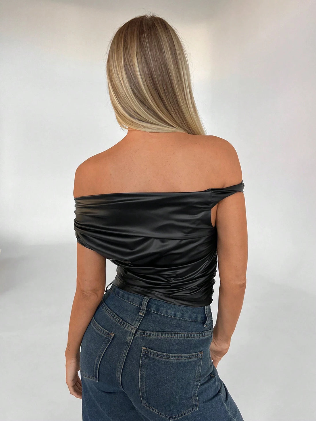 SHEIN Aloruh Women's Solid Color Off Shoulder Ruched Twist Black PU Skinny Top - view 2