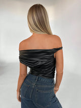 SHEIN Aloruh Women's Solid Color Off Shoulder Ruched Twist Black PU Skinny Top - view 2