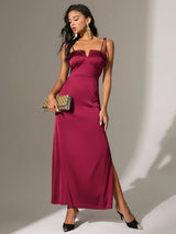 SHEIN Anewsta Solid Color Spaghetti Strap Dress Notched Collar And Side SlitsDDD3B