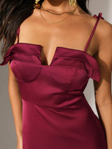 SHEIN Anewsta Solid Color Spaghetti Strap Dress Notched Collar And Side SlitsDDD3B