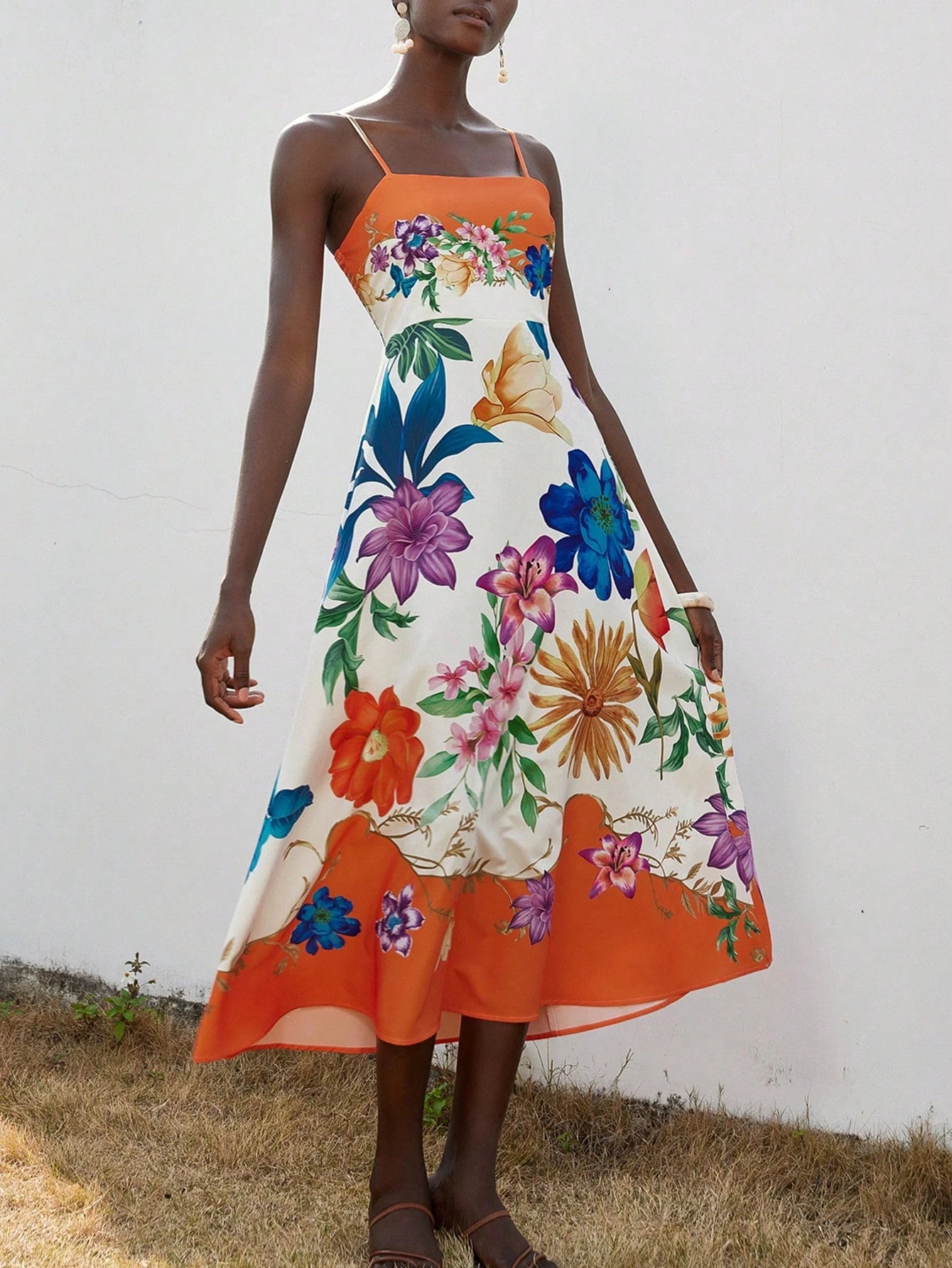 SHEIN Aveloria Modichic Elegant French Fashion Strapless Waisted Vibrant Print Color Block Back-Lace Up Dress For Women, Perfect For Vacation