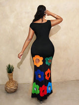 SHEIN BamGleam Women's Floral Print One-Shoulder Off-Shoulder Front Pleated Slim Dress