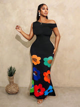 SHEIN BamGleam Women's Floral Print One-Shoulder Off-Shoulder Front Pleated Slim Dress