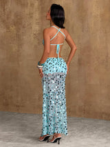 SHEIN Bluhae Women's Backless Sequin Blue Polka Dot Summer 70's Beach Club Party Disco Holiday Vacation Dress
