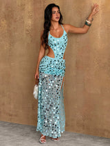 SHEIN Bluhae Women's Backless Sequin Blue Polka Dot Summer 70's Beach Club Party Disco Holiday Vacation Dress