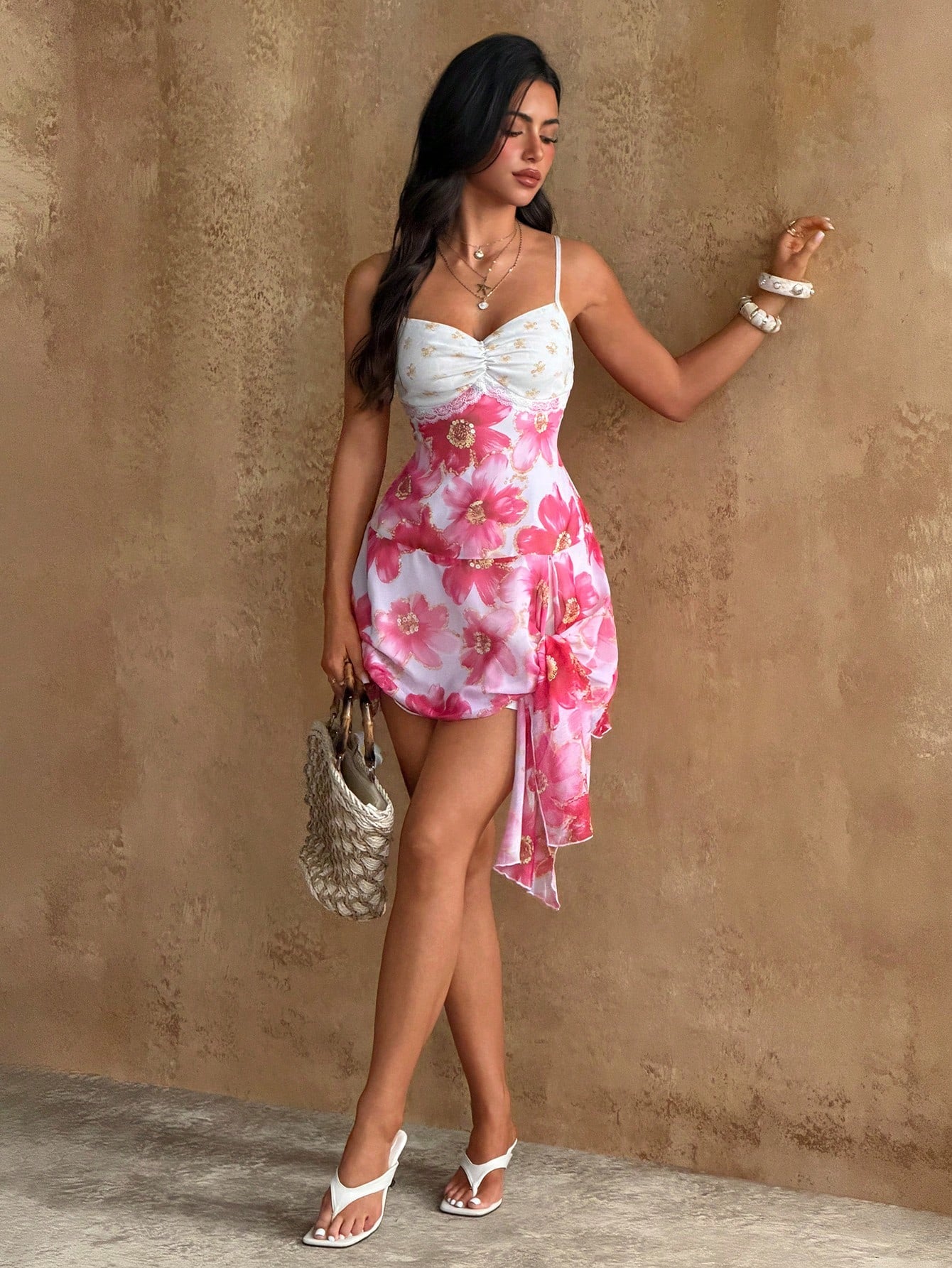 SHEIN Bluhae Women's Floral Print Chiffon Spaghetti Strap Dress,White And Pink,Summer