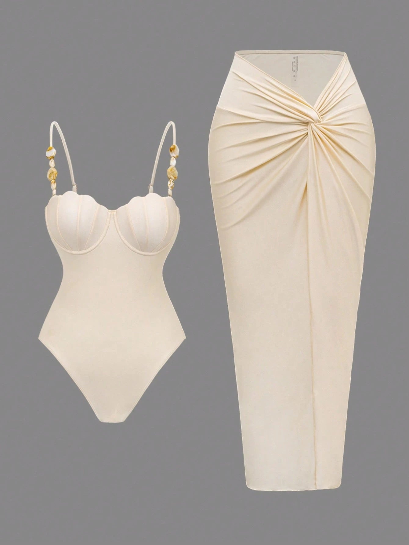 SHEIN Bonvoyette 2pcs Women's Summer New Solid Color Shell Bag Adjustable Strap One Piece Swimsuit