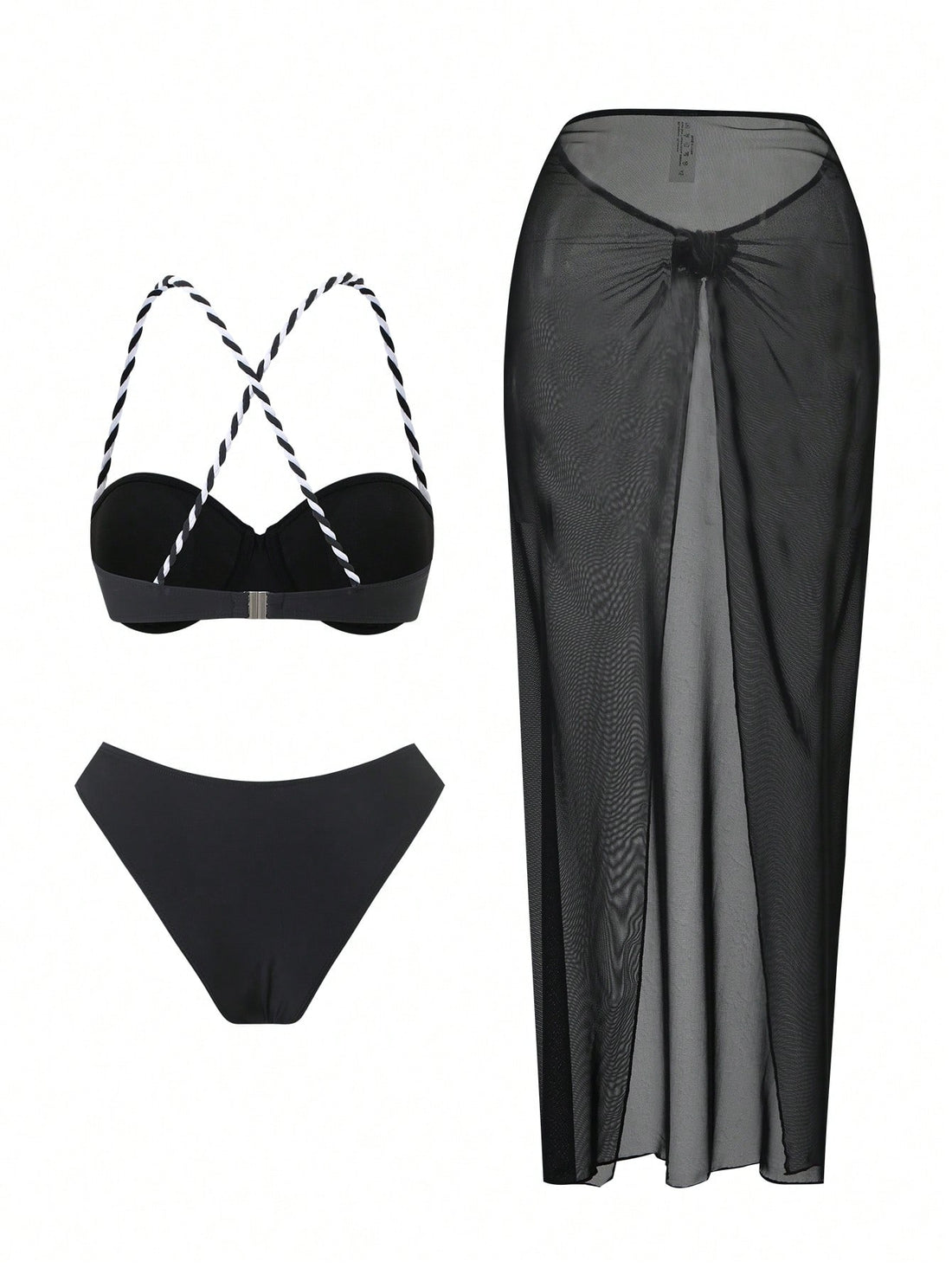 SHEIN Bonvoyette Women's Black & White Spaghetti Strap Tie-Up Beach 3 Pieces Bikini - view 3