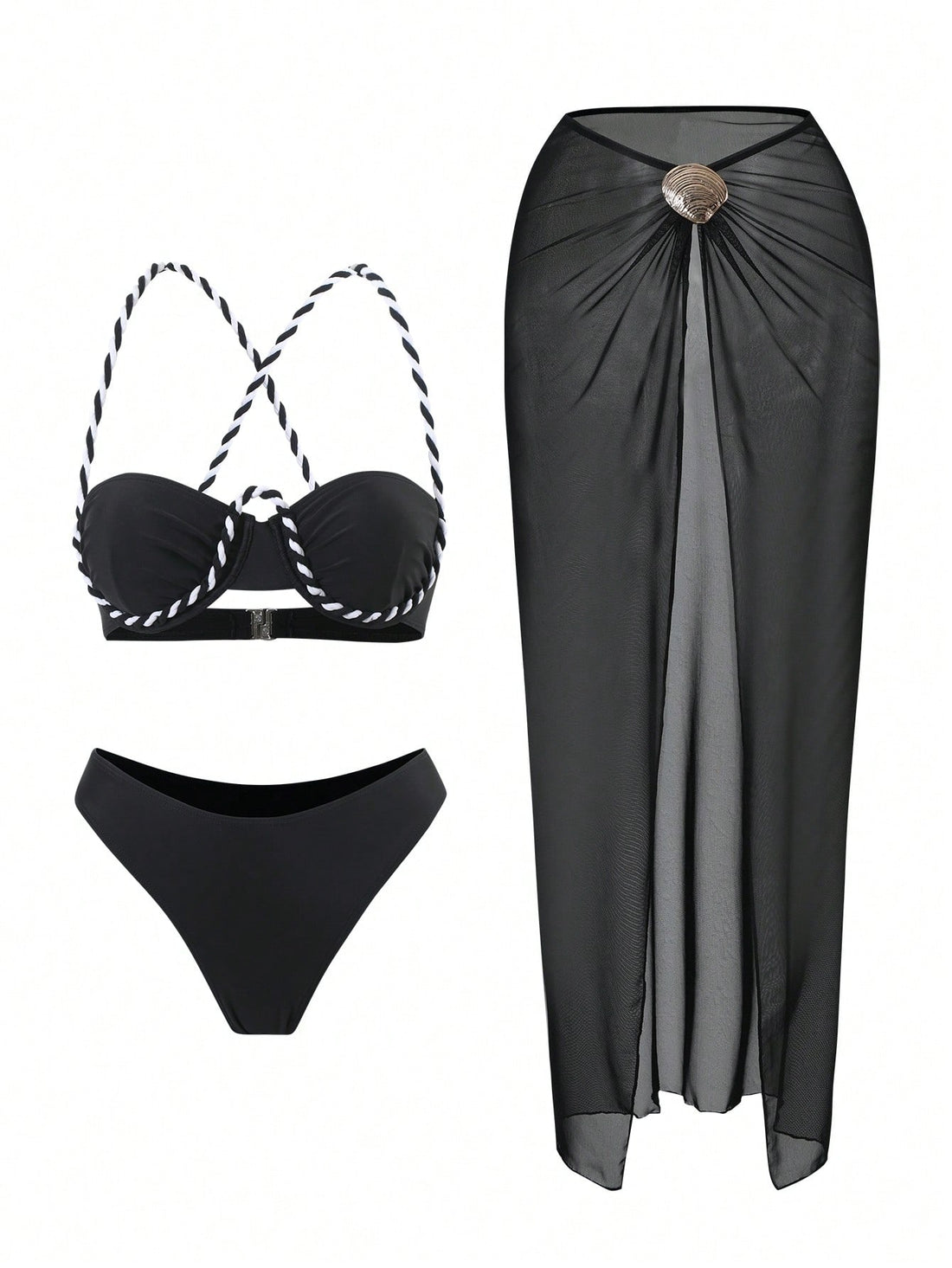 SHEIN Bonvoyette Women's Black & White Spaghetti Strap Tie-Up Beach 3 Pieces Bikini - view 2