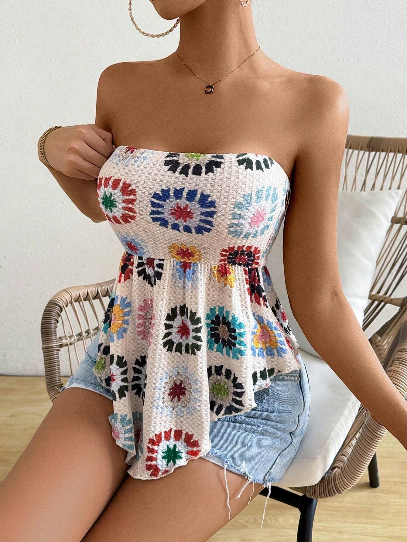SHEIN Breezaya Waffle Print Knitted Asymmetrical Hem Summer Tank Top