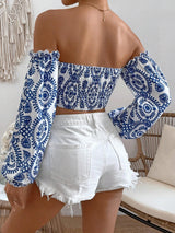 SHEIN Breezaya قميص نسائي بطبعة كاملة بياقة مكشوفة الأكتاف وأكمام فانوسية، بلوزات بأكمام طويلة خريفية للنساء