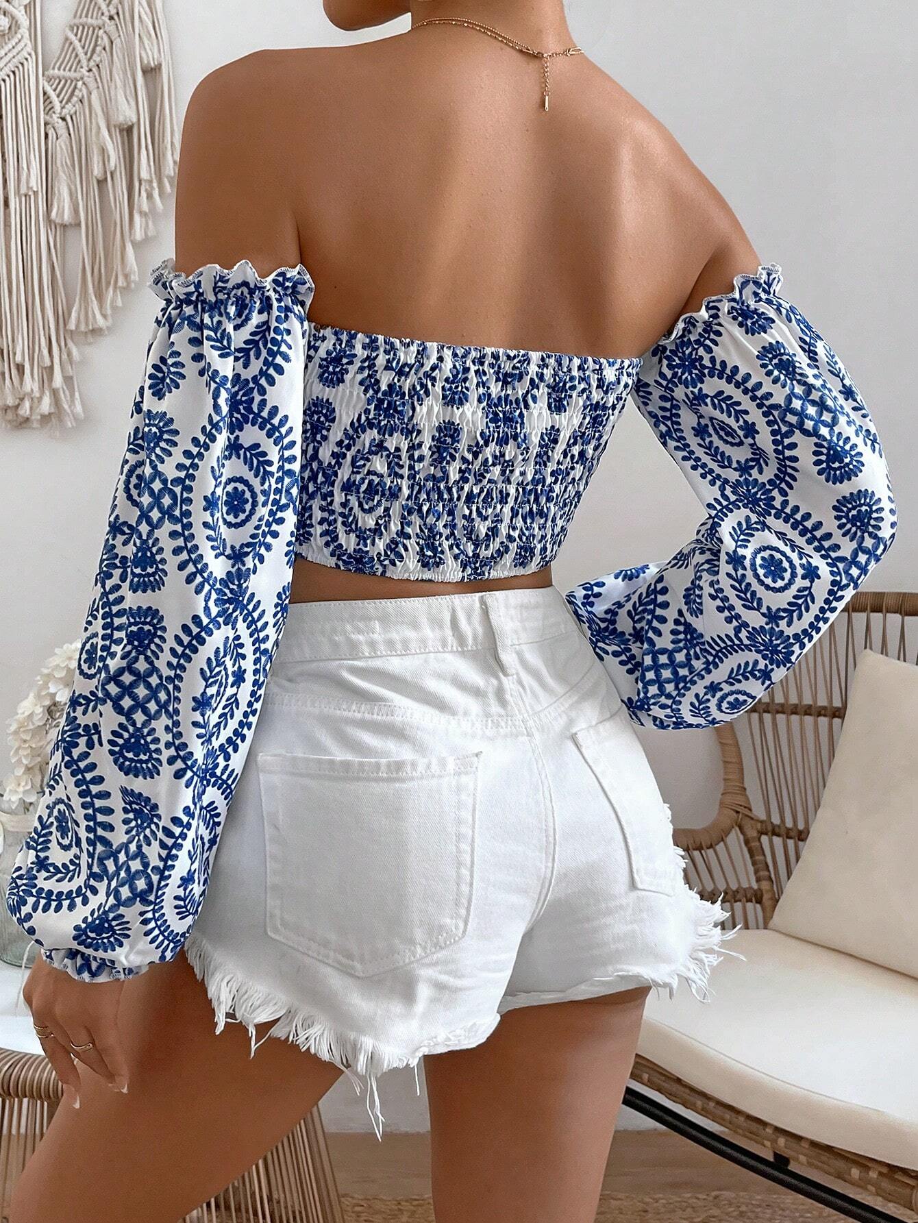 SHEIN Breezaya قميص نسائي بطبعة كاملة بياقة مكشوفة الأكتاف وأكمام فانوسية، بلوزات بأكمام طويلة خريفية للنساء