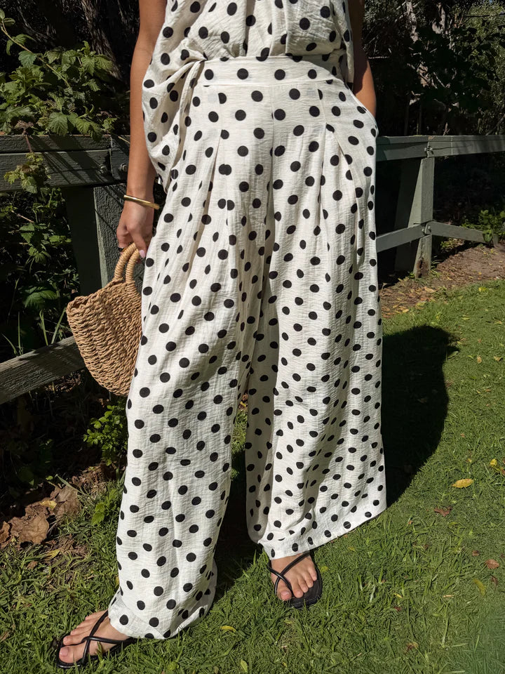 SHEIN Elegant Women's Polka Dot 2-Piece Set, Open Shoulder Wrap Top Paired With Wide-Leg Pants, Summer Bohemian Style, Non-Stretch Fabric White