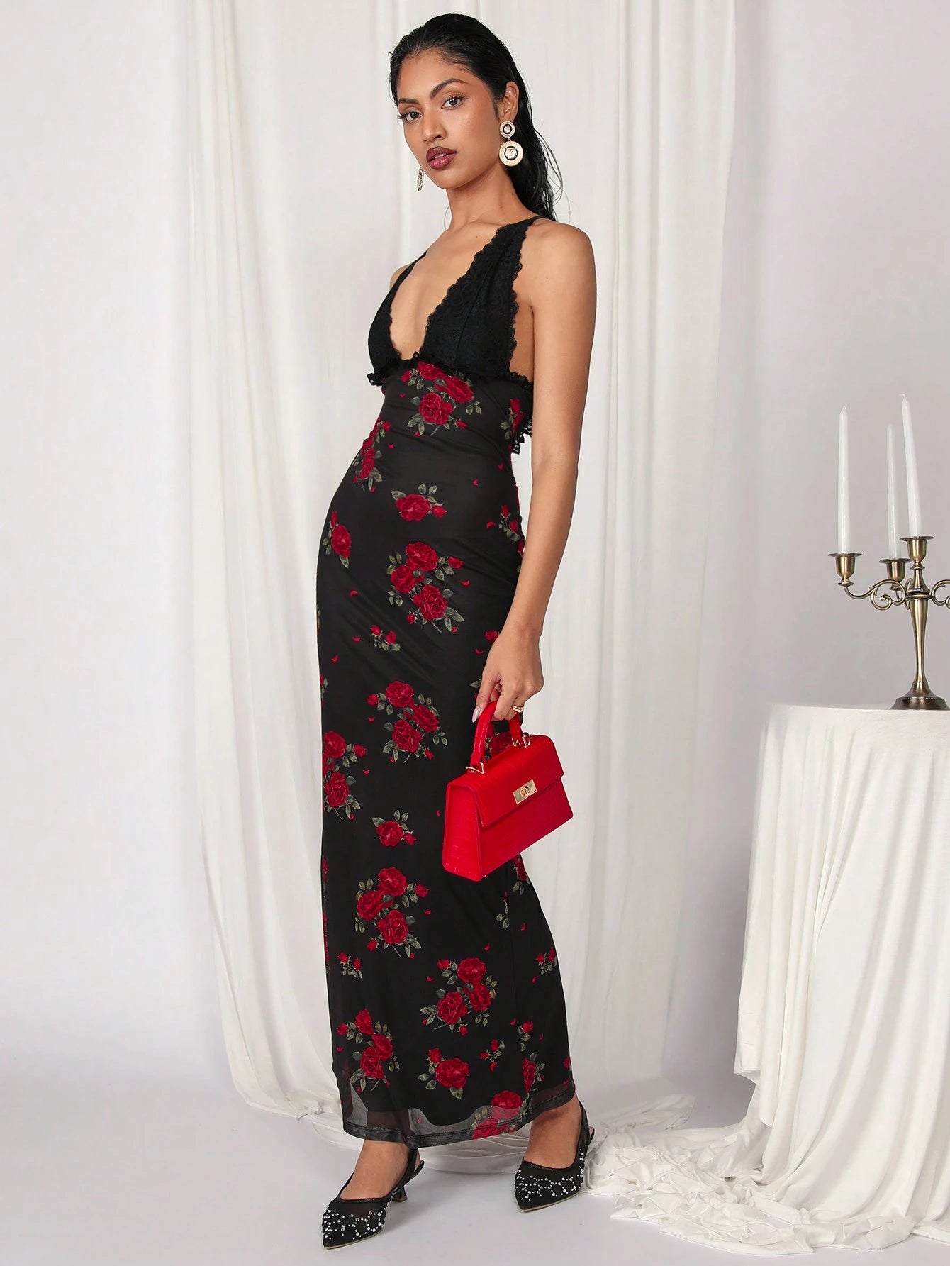 SHEIN COSMINA Women's Floral Print Plunging V-Neck Backless Dress, Sexy