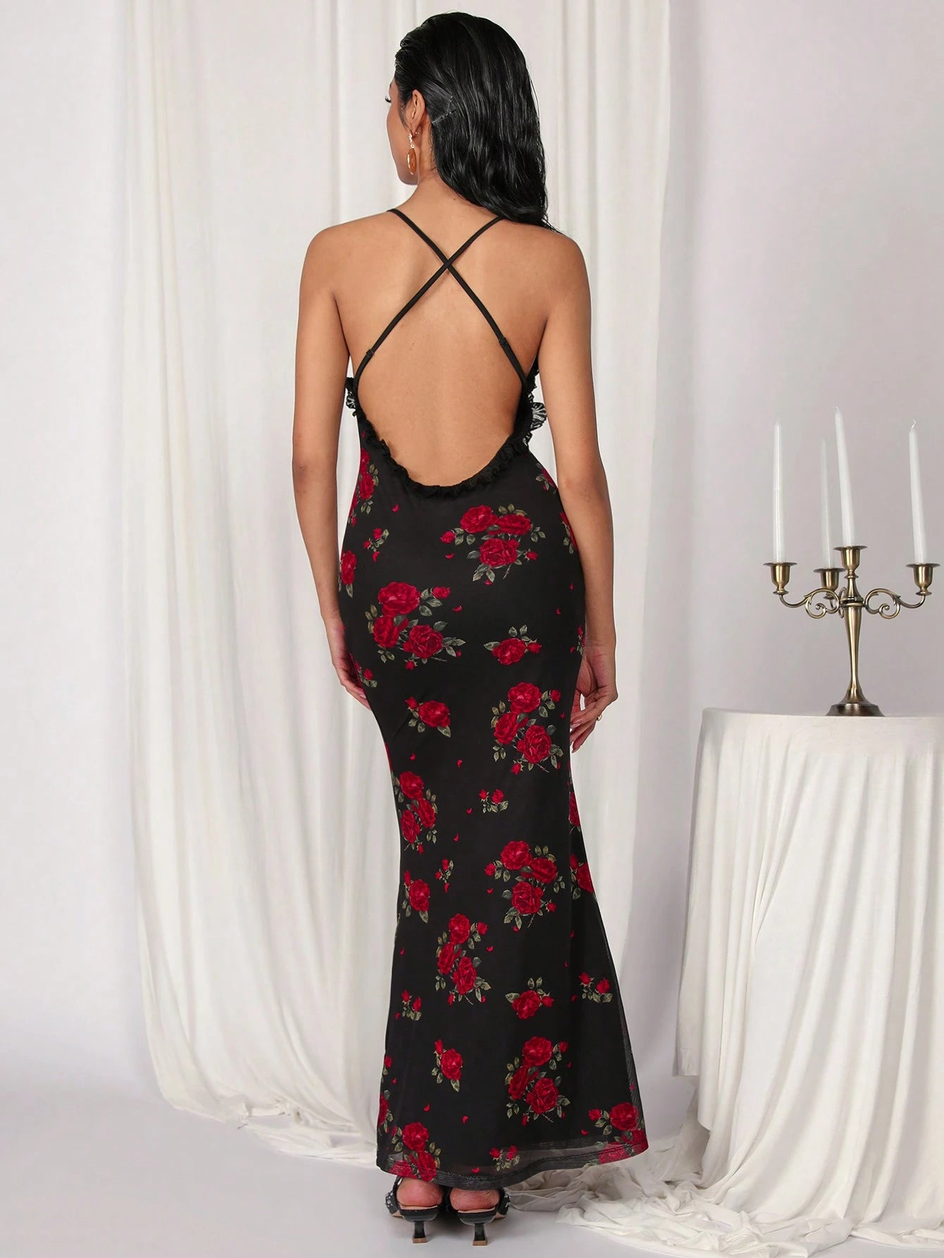 SHEIN COSMINA Women's Floral Print Plunging V-Neck Backless Dress, Sexy