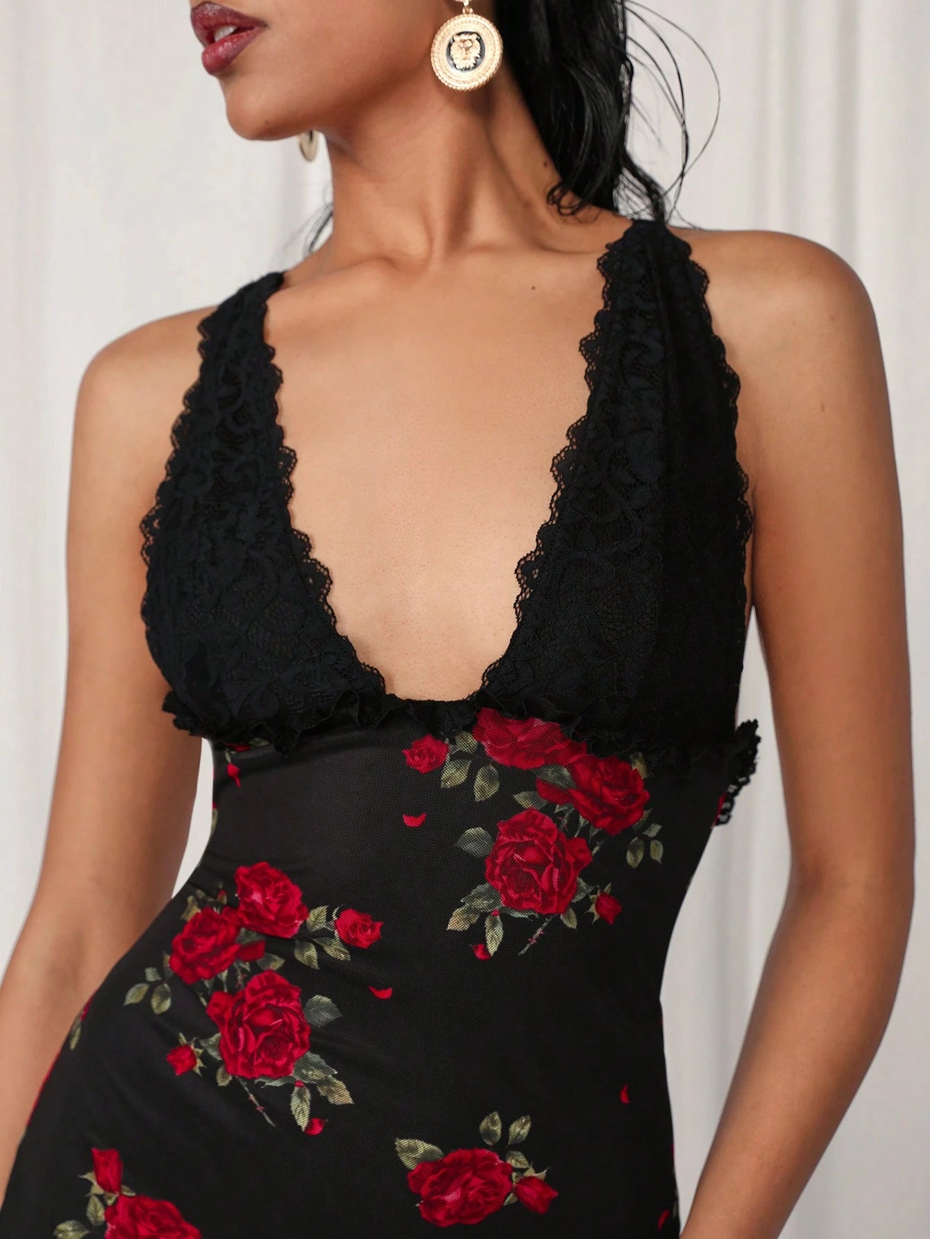 SHEIN COSMINA Women's Floral Print Plunging V-Neck Backless Dress, Sexy