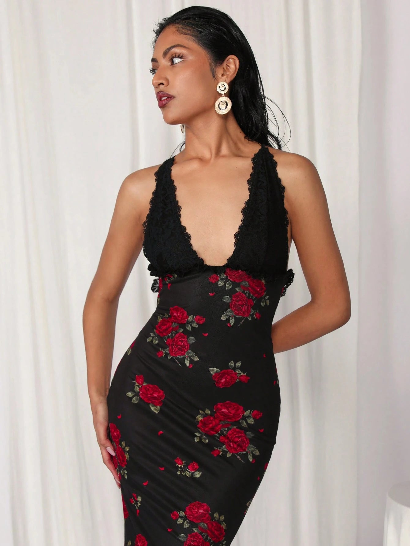 SHEIN COSMINA Women's Floral Print Plunging V-Neck Backless Dress, Sexy