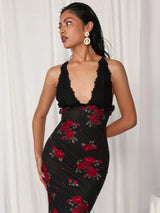 SHEIN COSMINA Women's Floral Print Plunging V-Neck Backless Dress, Sexy