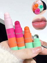 Four colorful lip balms held in a hand with close-up shots of the products and a lip application.