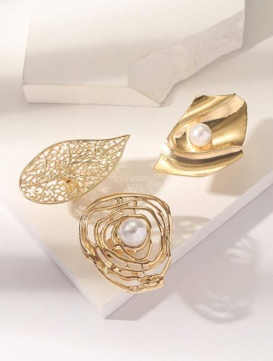 SHEIN 3pcs Exaggerated Style Metal Large Flower, Pearl, Hollow Leaf Design Rings
