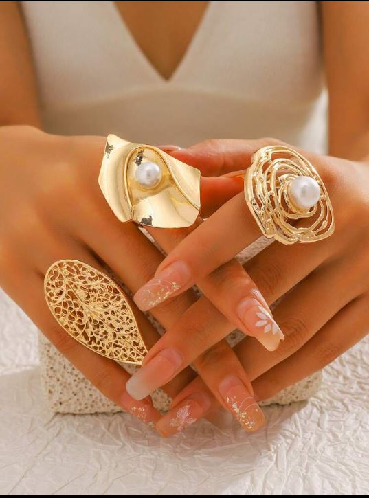 3pcs Exaggerated Style Metal Large Flower, Pearl, Hollow Leaf Design Rings, Fashionable Floral Pattern Finger Rings