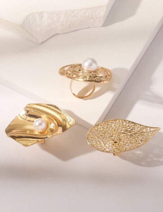SHEIN 3pcs Exaggerated Style Metal Large Flower, Pearl, Hollow Leaf Design Rings