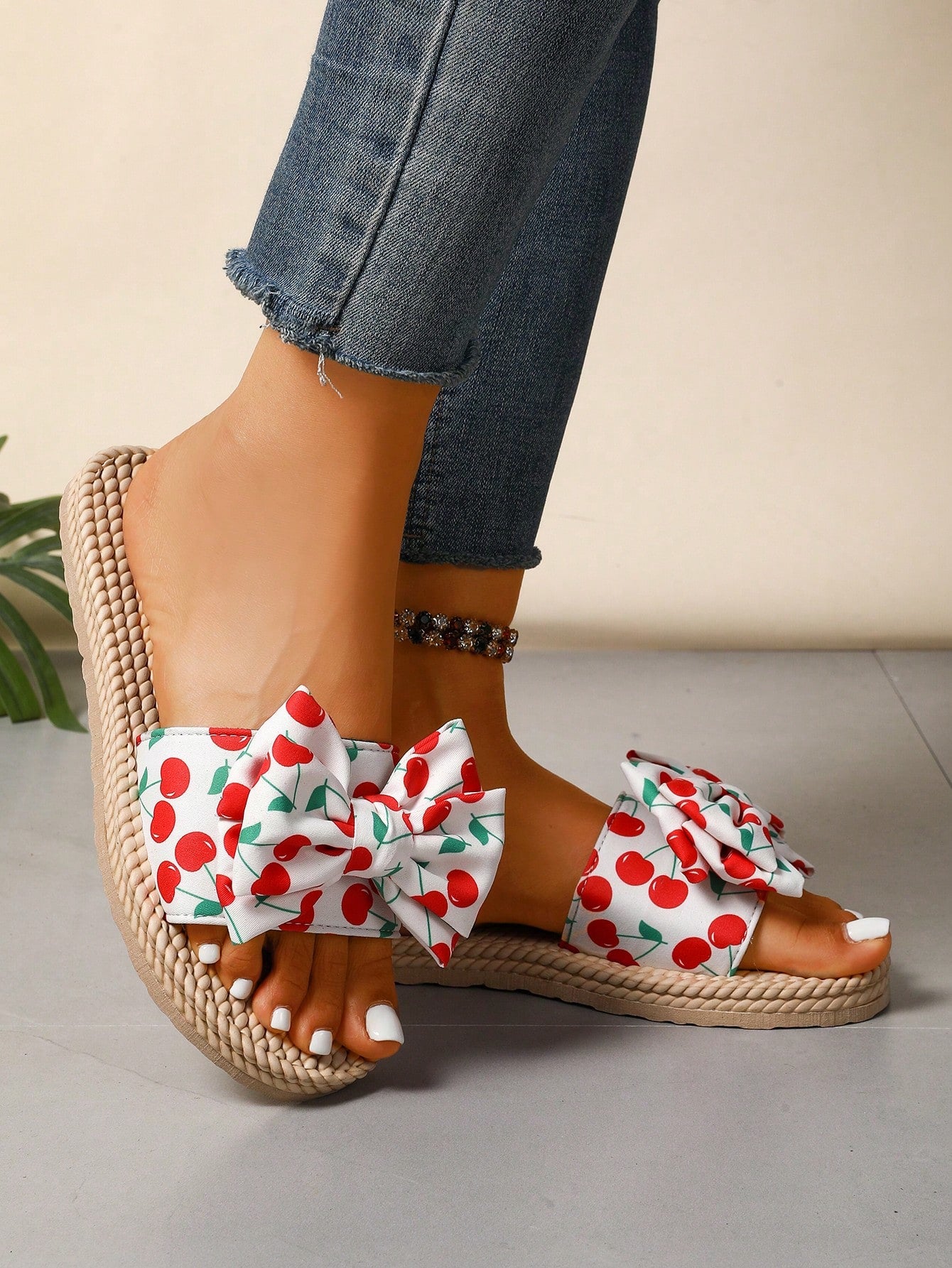 SHEIN Cherry Print Bow Tie Linen Woven Platform Slide Sandals For Women, Comfortable Summer Outdoor Slippers, Beach Shoes