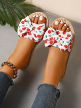 SHEIN Cherry Print Bow Tie Linen Woven Platform Slide Sandals For Women, Comfortable Summer Outdoor Slippers, Beach Shoes