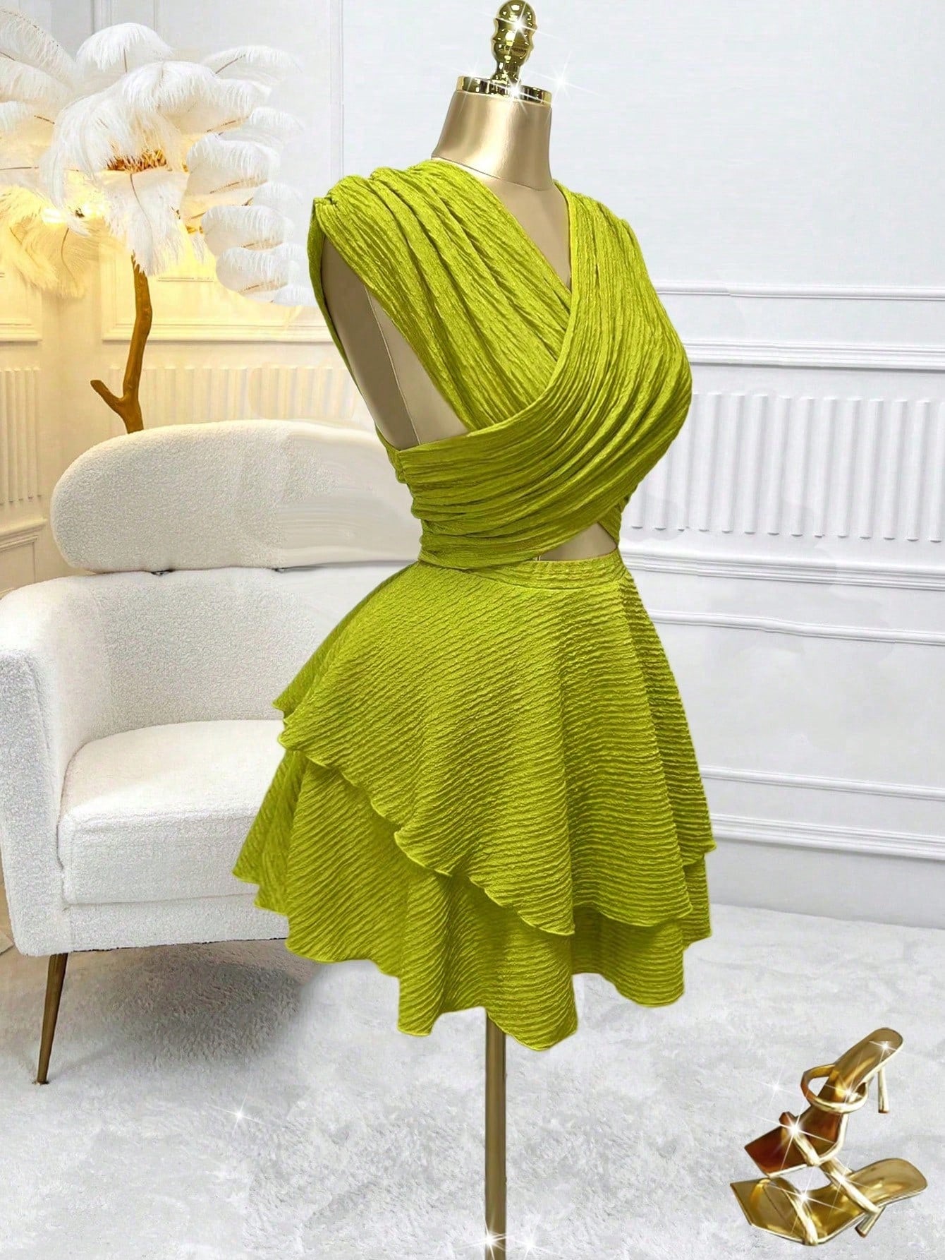 Chiquease Women's Criss-Cross Hollow Out Ruffle Hem Vacation Beach Dress