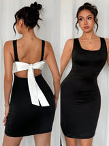 SHEIN Chiquease Crew Neck Satin Ribbon Tie Splicing Open Back Sleeveless Mini Dress