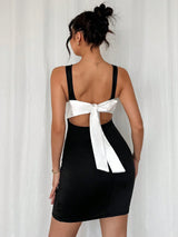SHEIN Chiquease Crew Neck Satin Ribbon Tie Splicing Open Back Sleeveless Mini Dress