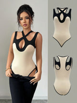 shein Chiquease Sexy Hollow-Out Crossover Patchwork Cinched Waist Bodysuit