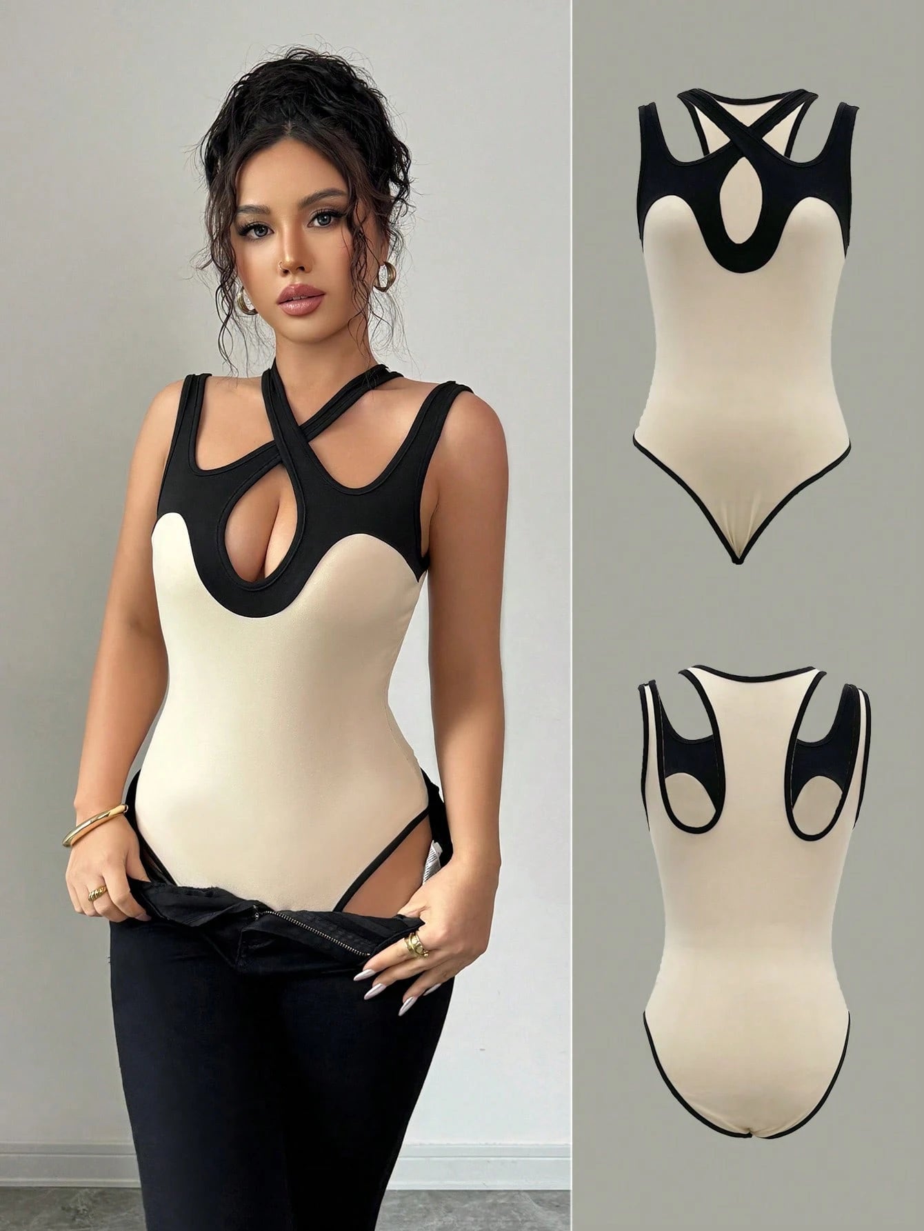 shein Chiquease Sexy Hollow-Out Crossover Patchwork Cinched Waist Bodysuit
