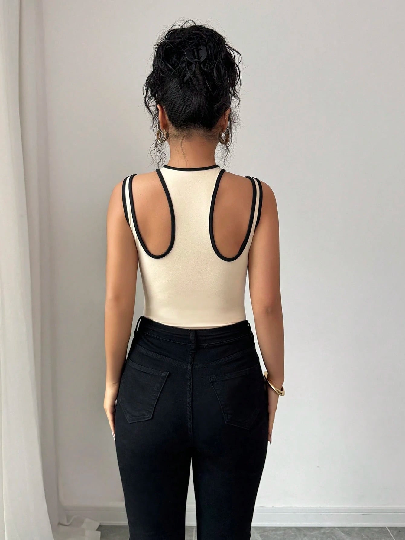 shein Chiquease Sexy Hollow-Out Crossover Patchwork Cinched Waist Bodysuit