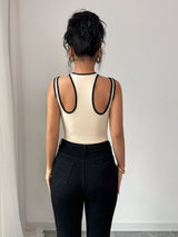 shein Chiquease Sexy Hollow-Out Crossover Patchwork Cinched Waist Bodysuit