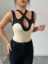 shein Chiquease Sexy Hollow-Out Crossover Patchwork Cinched Waist Bodysuit