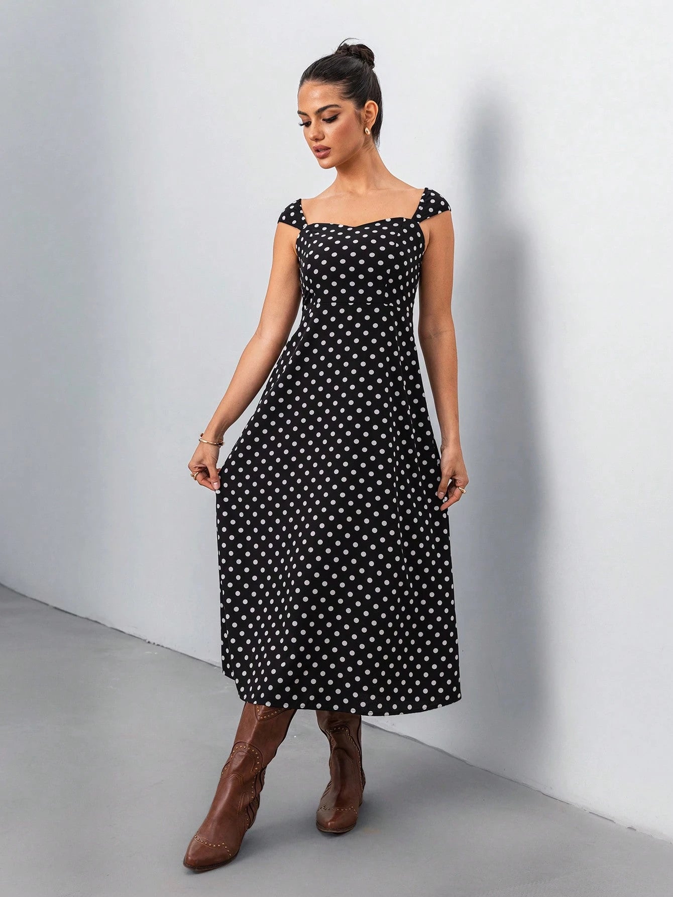 SHEIN Chiquease Women's Black & White Polka Dot Print Minimalist Casual Dress