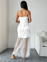 SHEIN Chiquease Women's Elegant Solid Color Lace Panel Slip Dress